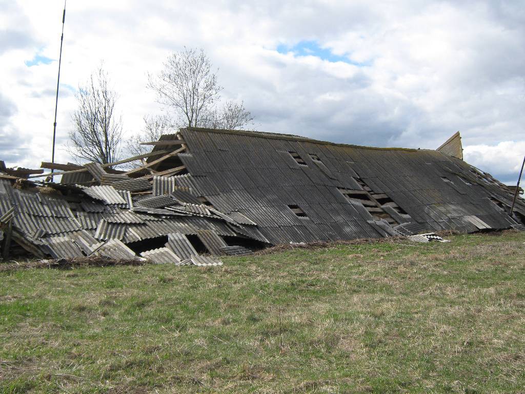 От сильного ветра обрушилось здание фермы в деревне Борщевка.