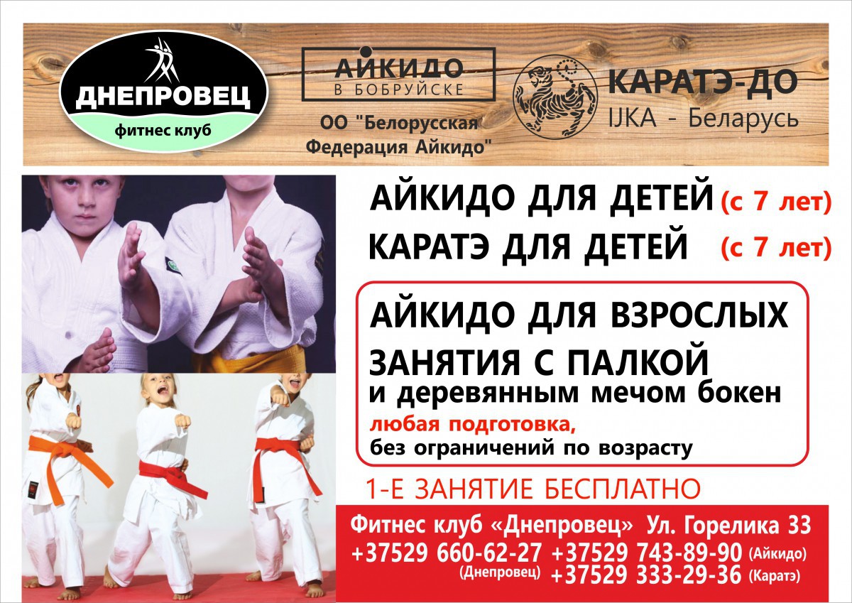 Фитнес клуб «Днепровец» и Бобруйское представительство «Белорусской Федерации Айкидо» приглашает на занятия айкидо.