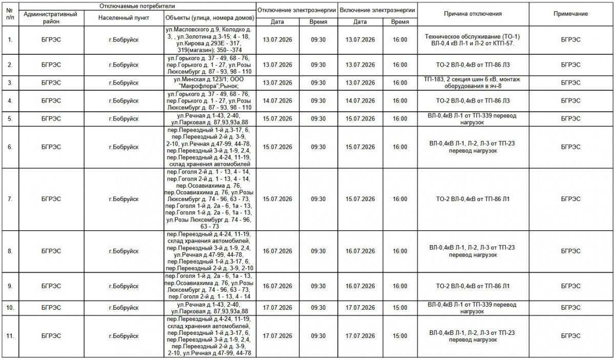 График отключения электроэнергии в Бобруйске с 13 по 19 июля. Проверьте, попал ли ваш дом